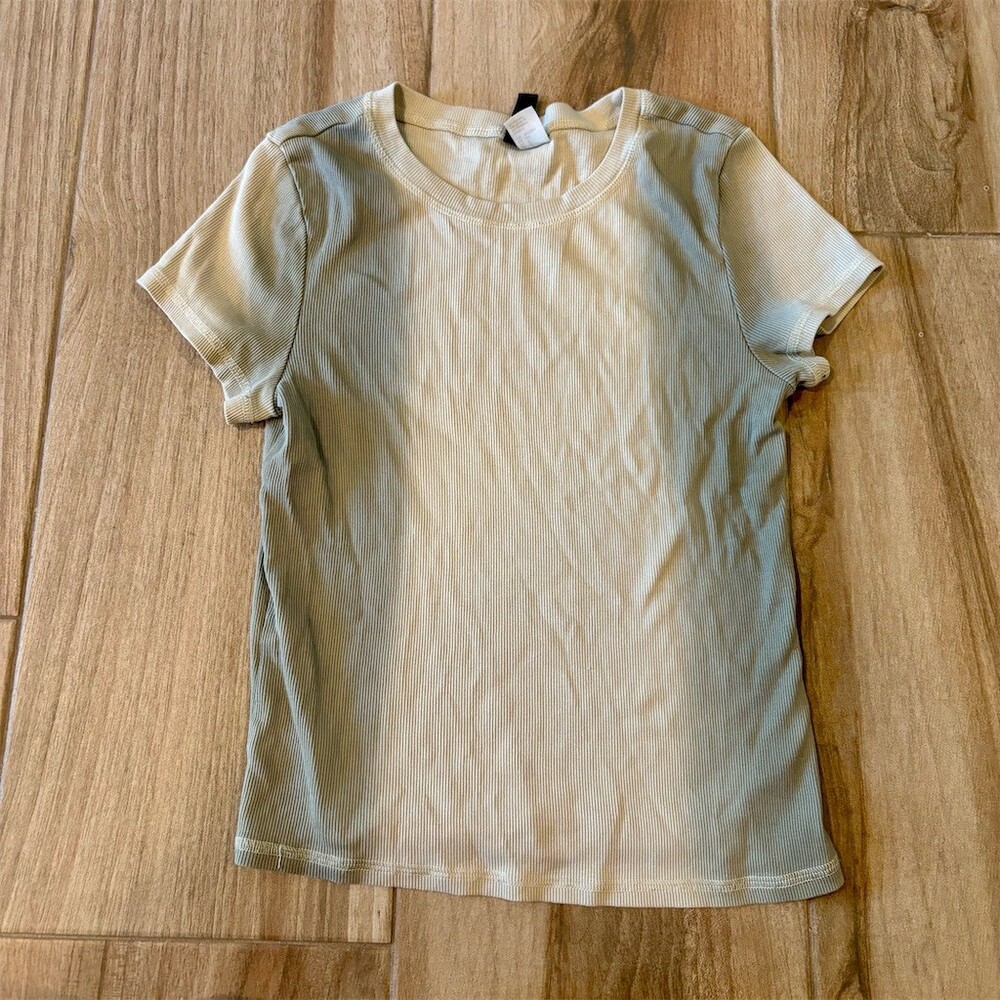 H&M Divided T-Shirt Womens Size S Beige Ribbed Knit Slim Stretch Crew Neck
